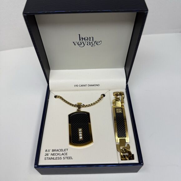 bon voyage Men’s Gold Stainless Steel Dog Tag Necklace & Bracelet Gift Set New - Picture 1 of 7